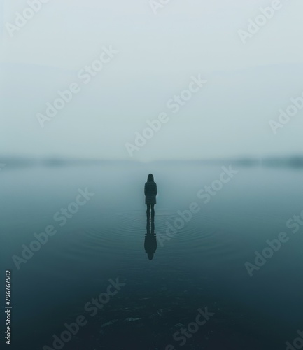 b'Person standing alone in the middle of a lake on a foggy day' photo