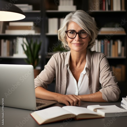 b'Portrait of a smiling mature woman sitting at her desk in a home office.'