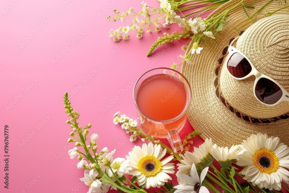b'Refreshing Summer Drink with Flowers and Straw Hat' b'Refreshing Summer Drink with Flowers and Straw Hat'