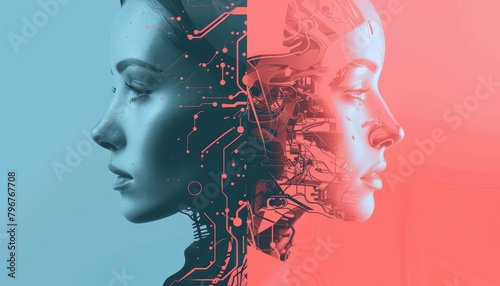 Banner design featuring a splitscreen of a human on one side and AI on the other gradually merging into one image symbolizing integration and collaboration photo