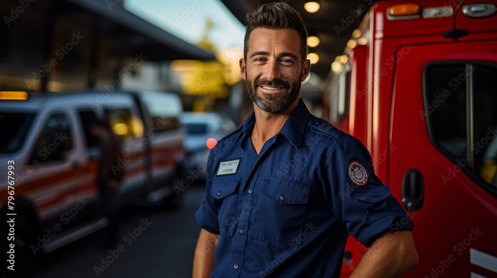 b'Portrait of a male paramedic in uniform standing in front of an ambulance' b'Portrait of a male paramedic in uniform standing in front of an ambulance'