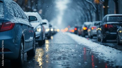 b'Snowy road with parked cars on both sides'