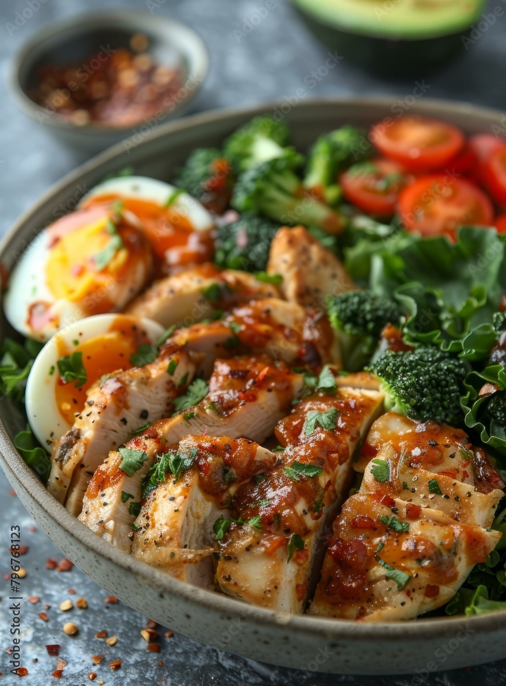b'Spicy Chicken and Veggie Bowl with Sriracha Honey Glaze' b'Spicy Chicken and Veggie Bowl with Sriracha Honey Glaze'