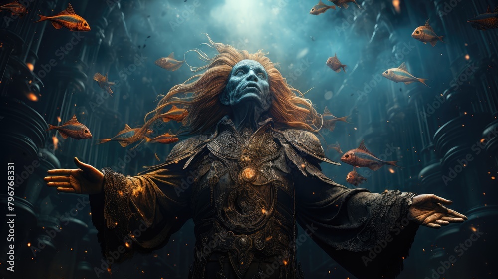 Obraz premium a photo fish folk humanoid fish priest of atlantis holds his hands up in the air as a meteor fly through the sky towards him, AI Generative