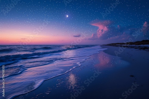 b'Purple seascape with starry night sky and crescent moon over calm ocean waters'