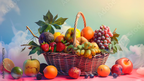 Pastel Harvest A vibrant 3D-rendered image of a fruit basket filled with glossy  candy-colored bananas  grapes  apples  and strawberries  set against a soft pastel gradient background