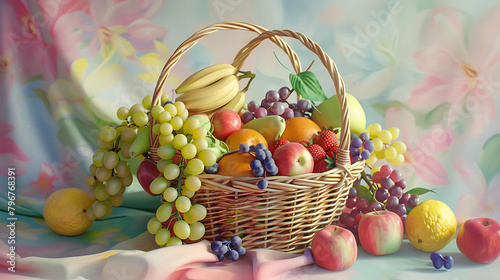 Pastel Harvest A vibrant 3D-rendered image of a fruit basket filled with glossy, candy-colored bananas, grapes, apples, and strawberries, set against a soft pastel gradient background photo