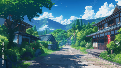Foliage scene of a japanese small town, anime illustration vector © Agustin A