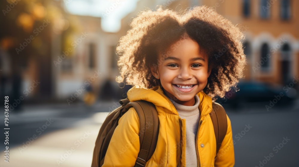 b'Little African American girl with curly hair wearing a yellow jacket smiling' b'Little African American girl with curly hair wearing a yellow jacket smiling'