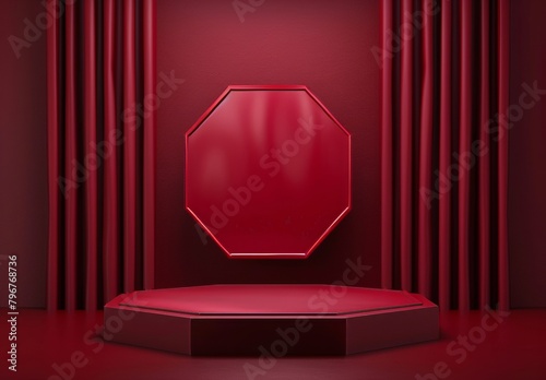 Create hyper-realistic luxury product display on Sony A6100 with red theme, octagon podium, clean background, front view, no products shown. photo