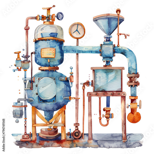 Minimalistic watercolor illustration of production equipment on a white background, cute and comical, with empty copy space.