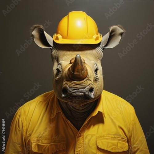 A rhinoceros wearing a yellow hard hat and a yellow shirt