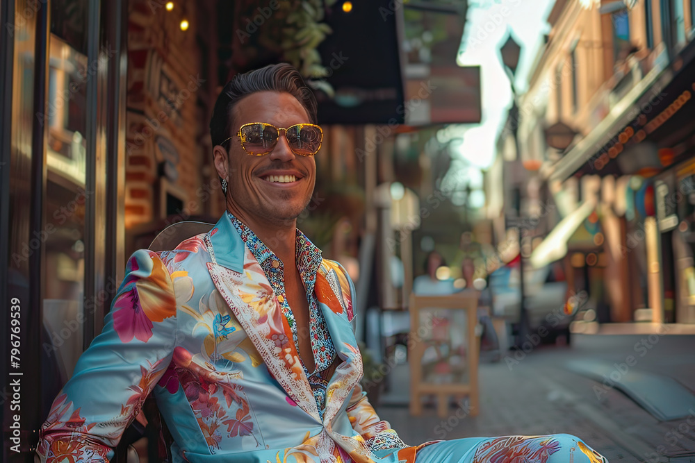 A man in a floral suit is smiling and sitting on a sidewalk. Generative AI.