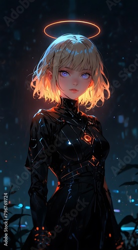 anime girl, short wavy blonde hair, very mixed race from around the world, dark Asgardian dark clothes, witch black clothes