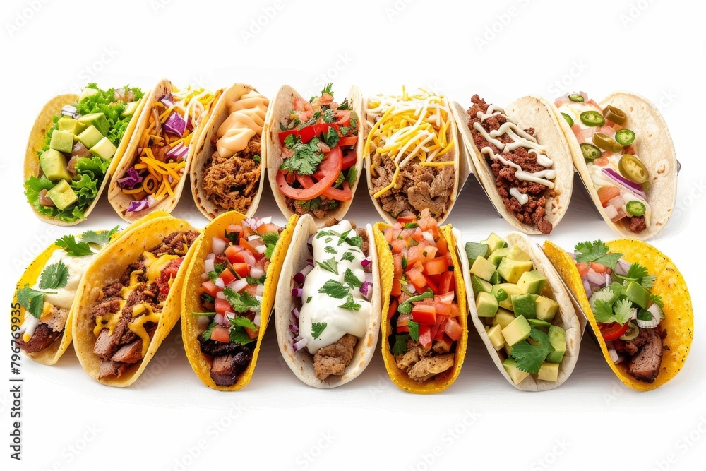 Illustration of assorted traditional Mexican tacos with various fillings and toppings Illustration of assorted traditional Mexican tacos with various fillings and toppings