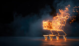 Hot shopping cart with dark background.Hot Deal concept with Supermarket cart on fire