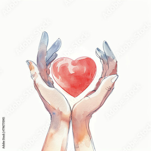 Minimalistic watercolor illustration of hands holding a heart on a white background, cute and comical, with empty copy space.
