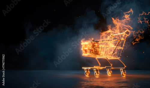 Hot shopping cart with dark background.Hot Deal concept with Supermarket cart on fire