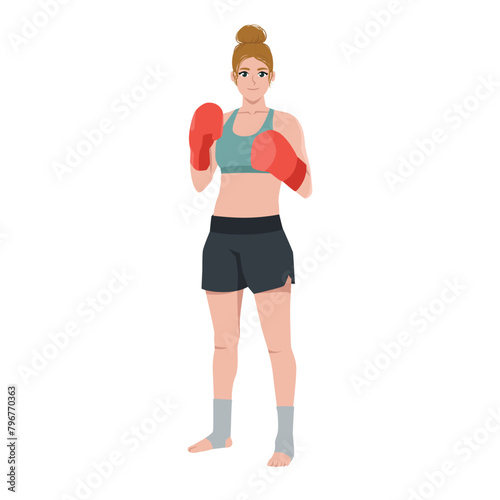 Young caucasian woman kick boxer standing and posing. Flat vector illustration isolated on white background