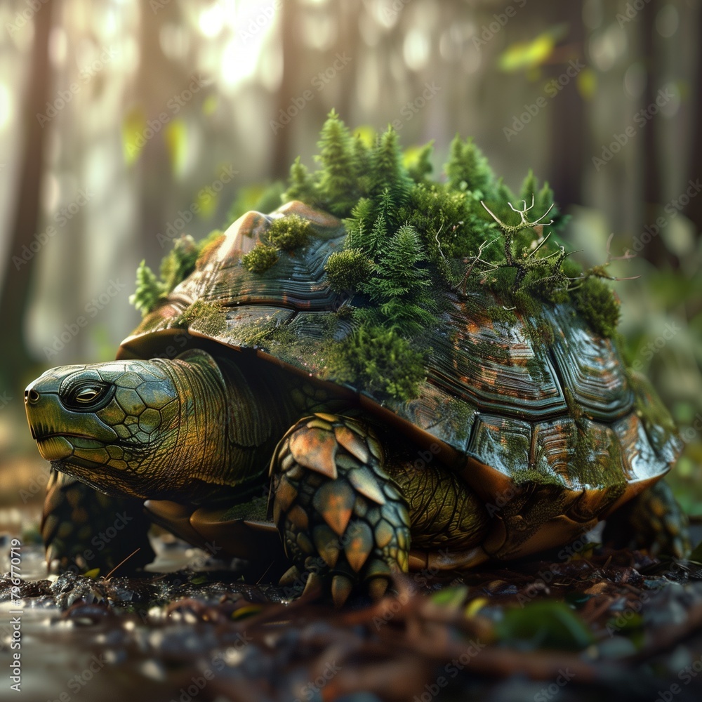 Naklejka premium turtle with wood on its shell
