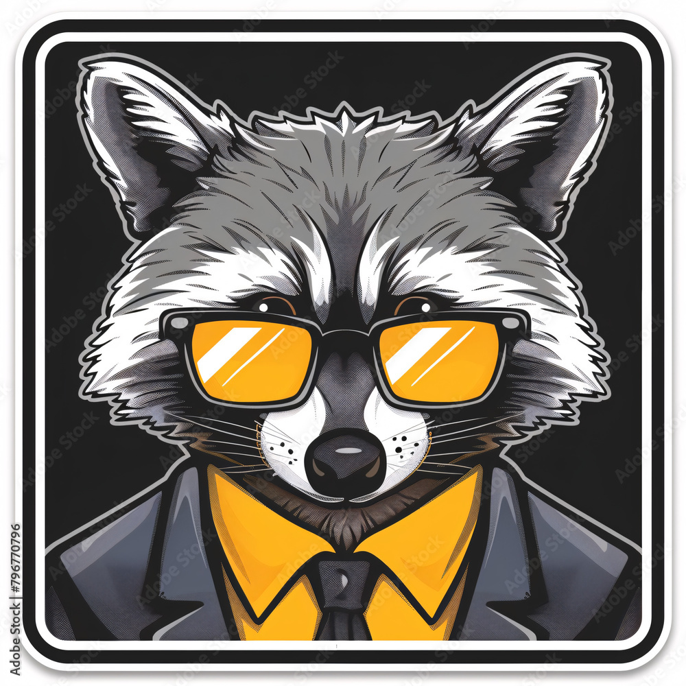 Sticker with a raccoon in glasses
