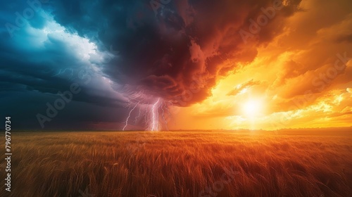 Experience the breathtaking contrast of weather phenomena in this split landscape,  where the tranquil allure of a sunny day meets the dramatic intensity of an approaching storm photo