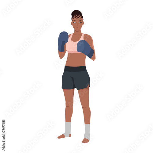 Young woman kick boxer standing and posing. Flat vector illustration isolated on white background