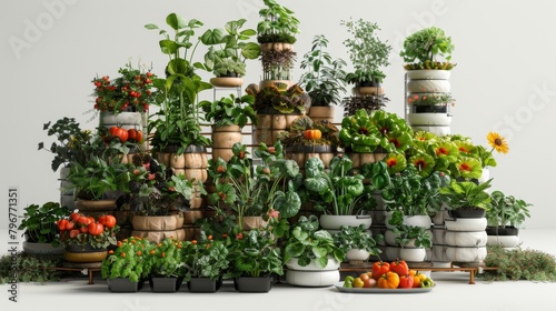 A large collection of potted plants and flowers, including tomatoes