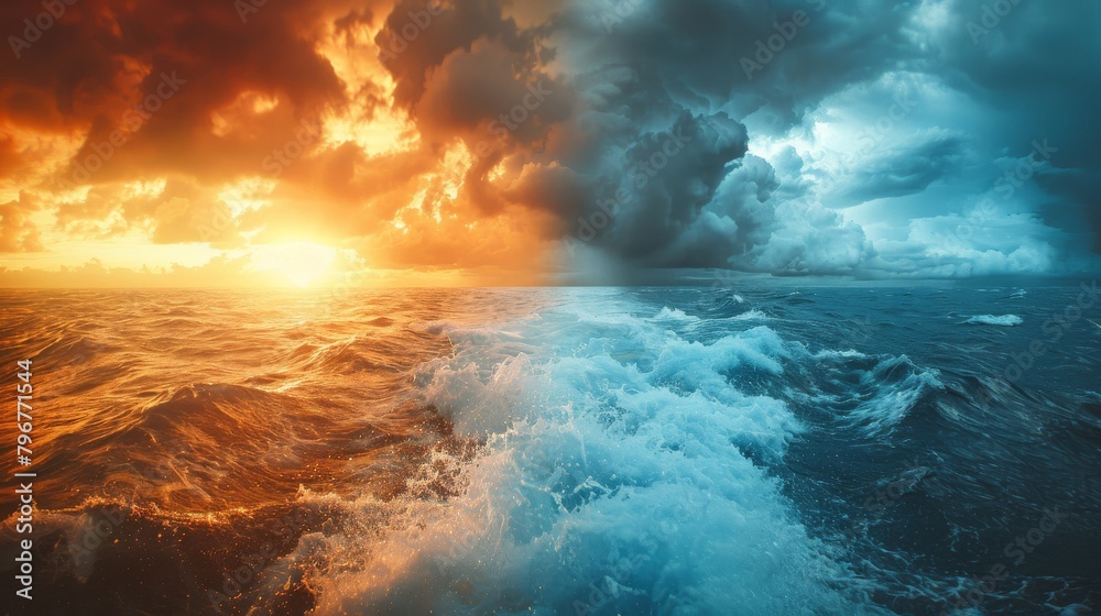 Reflect on the cyclical nature of weather in this captivating image,  with a picturesque sunny day on the left contrasting sharply with the stormy turbulence on the right
