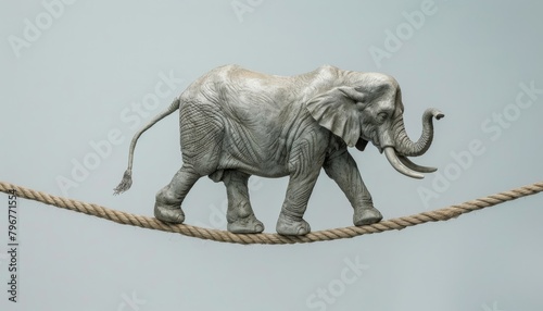 A surreal sculpture installation of an elephant balancing on a tightrope made of telephone wire representing the balance required in business decisions photo
