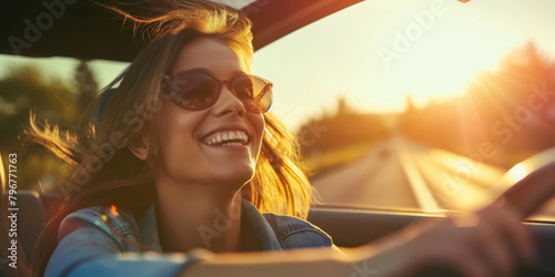 happy woman with sunglasses driving a car down a sunlit warm road