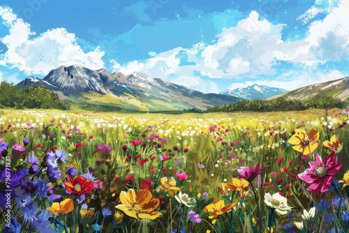 An expansive field of vibrant wildflowers stretching towards a distant mountain range. Illustration on a clear white background.