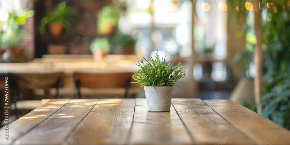 nice wooden table with a small plant in a restaurant