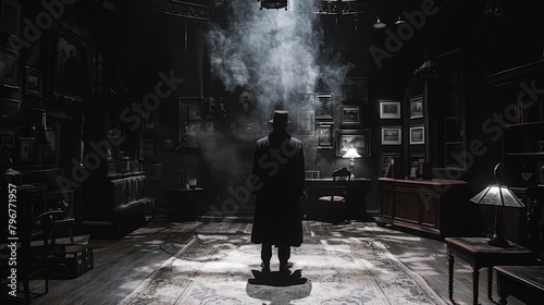 A stage play set in a Victorian parlor where the detective reveals the true identity of a specter using a gaslamp to expose the figures shadow photo