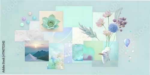 collage texture photo fonts pastel tones botanical plants flower green business card  planner  diary  opening  letter blue bird
