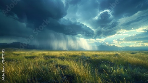 Explore the intersection of calm and turmoil in this mesmerizing nature tableau   where a serene sunny vista meets the tumultuous onset of a thunderous storm