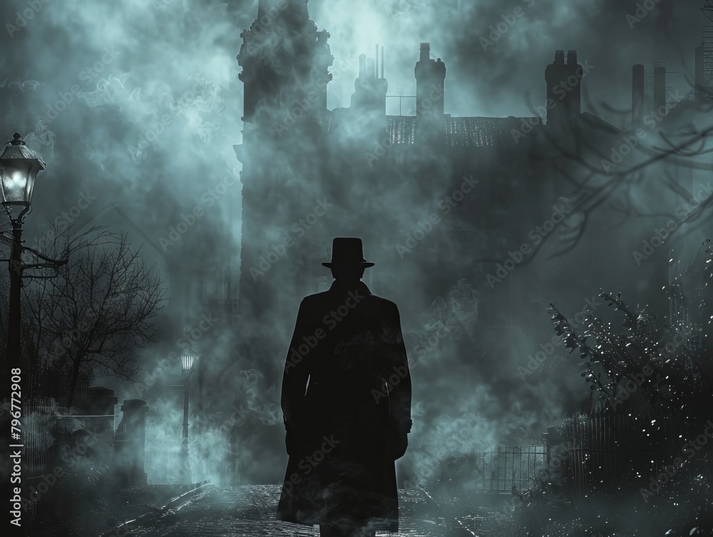 Obraz premium A serialized podcast episode titled The Gaslamp Revelation where the detective uncovers a ghostly conspiracy in foggy Victorian streets