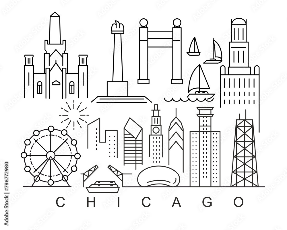 Obraz premium Chicago minimal style City Outline Skyline with Typographic. Vector cityscape with famous landmarks. Illustration for prints on bags, posters, cards.