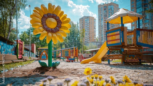  Summer Fun at Ukrainian Playground: Sand Box, Seesaw, and Flower-Shaped Sun Umbrella photo