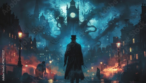 A novel cover depicting a Victorian detective his coat billowing standing under a flickering gaslamp with shadows of supernatural creatures looming behind