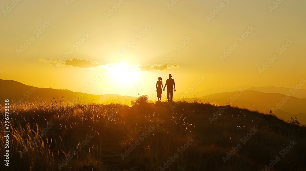 Family Harmony: Silhouetted Against a Warm Sunset on a Hilltop
