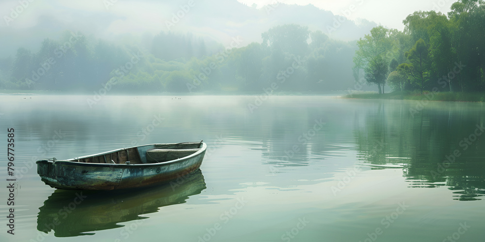 Nature's Harmony Boat Sailing Through Lake Foliage
