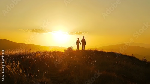 Family Harmony  Silhouetted Against a Warm Sunset on a Hilltop