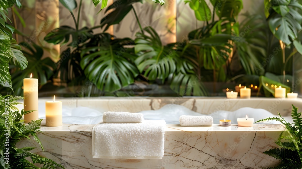 Luxurious Spa Retreat with Serene Marble Bathtub and Lush Greenery Surroundings Luxurious Spa Retreat with Serene Marble Bathtub and Lush Greenery Surroundings