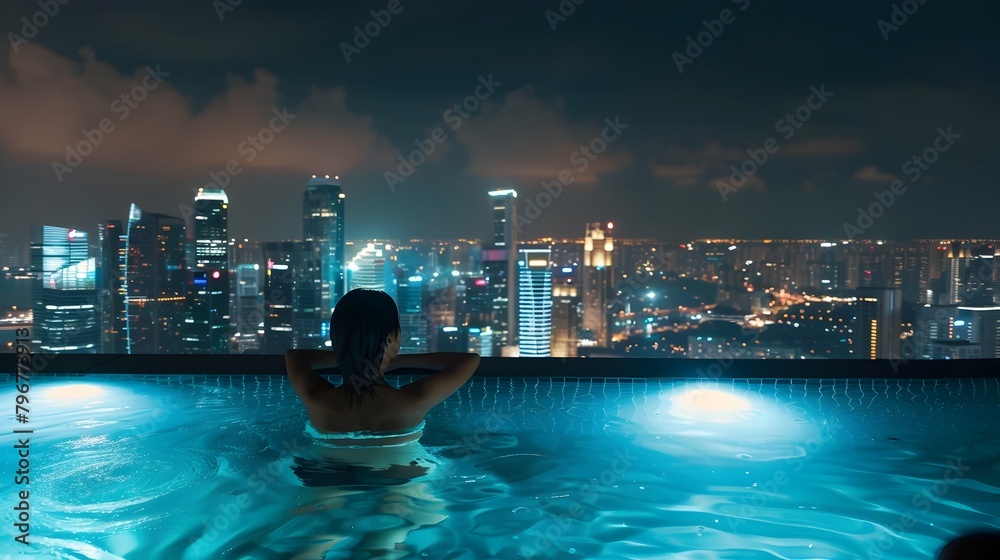 Naklejka premium Nighttime Swimming in Illuminated Urban Pool with Glittering Skyline Backdrop