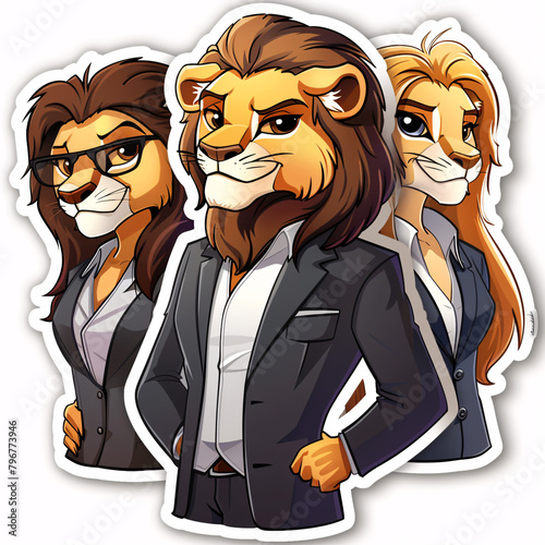 Stylized Series of stickers with lions in office clothes.