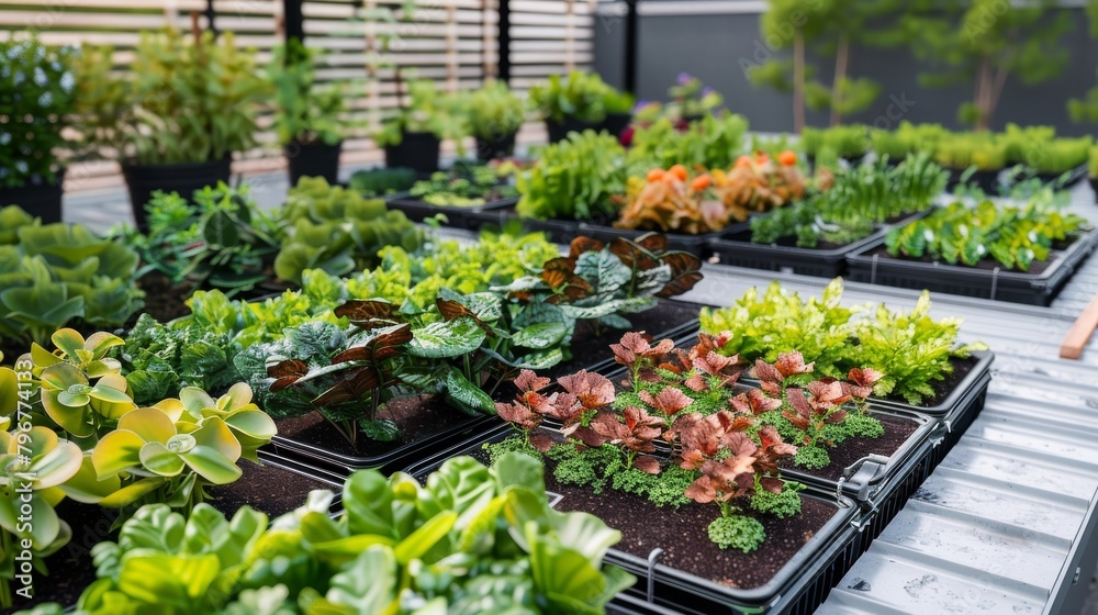 A variety of plants are displayed in pots on a table A variety of plants are displayed in pots on a table