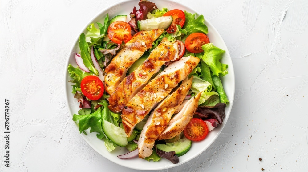 Top view Healthy food of chicken fillet with salad on white plate on white background. AI generated
