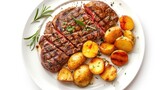 Top view tasty beef steak grilled with potatoes, rosemary on white plate background. AI generated
