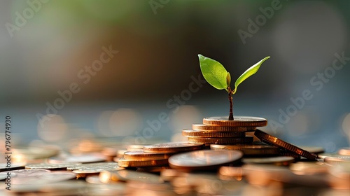 Plant sprouting from a pile of coins, representing financial growth